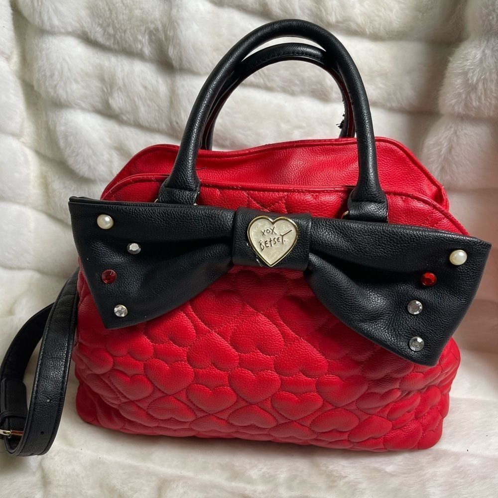 Betsey Johnson Red and Black Satchel with Bow - Picture 3 of 16